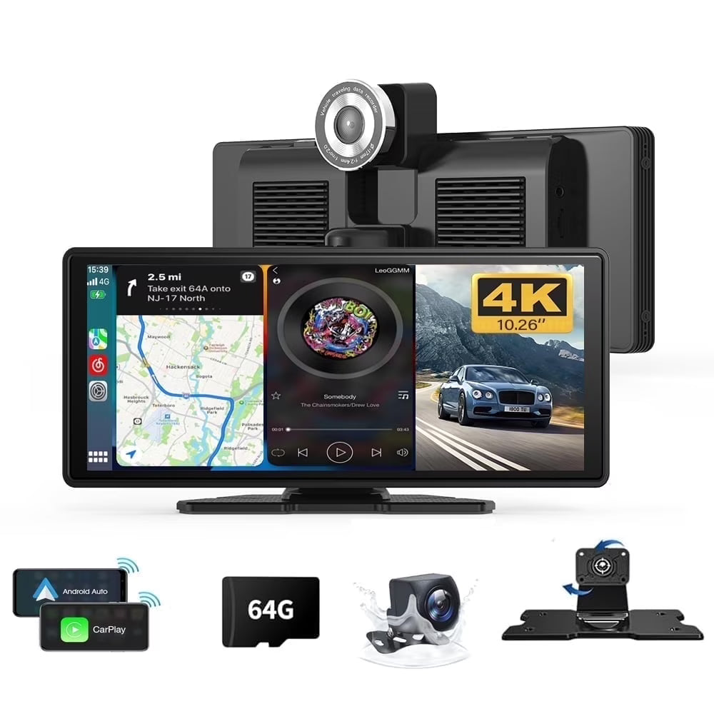 10.26" Wireless Carplay Screen 360 Rotation 4K Dash Cam Carplay Android Auto Car Stereo Car Audio Receivers with 1080p Backup Camera GPS Navigation/Mirror Link/Voice Control/Siri