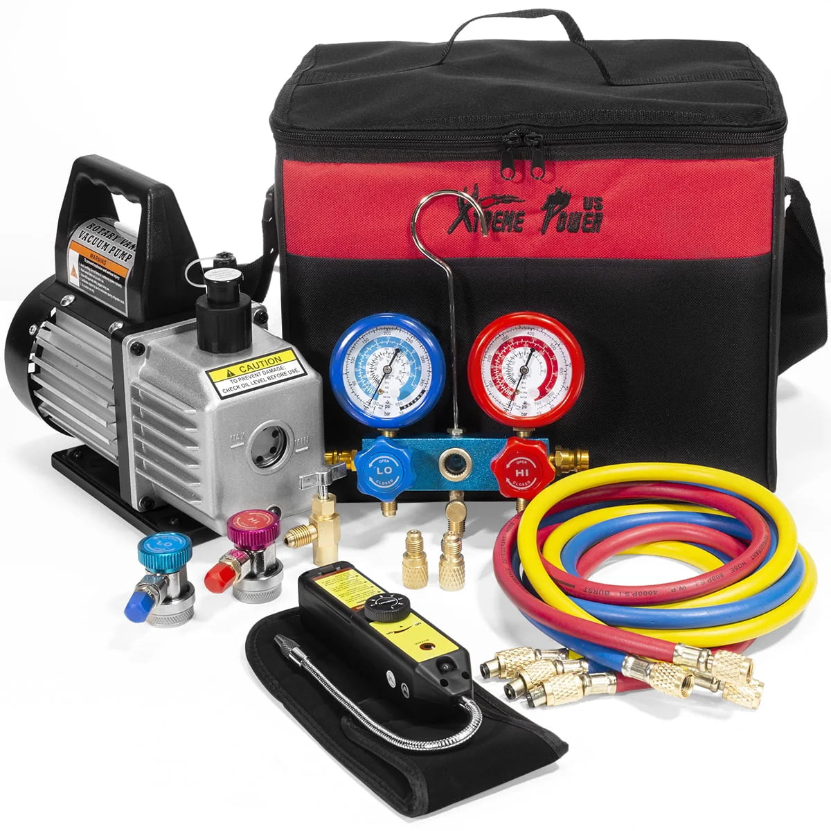 AC Repair Complete Set Vacuum Pump HVAC A/C Refrigeration Manifold Gauge R134 Tap Leak Detector Carrying Bag