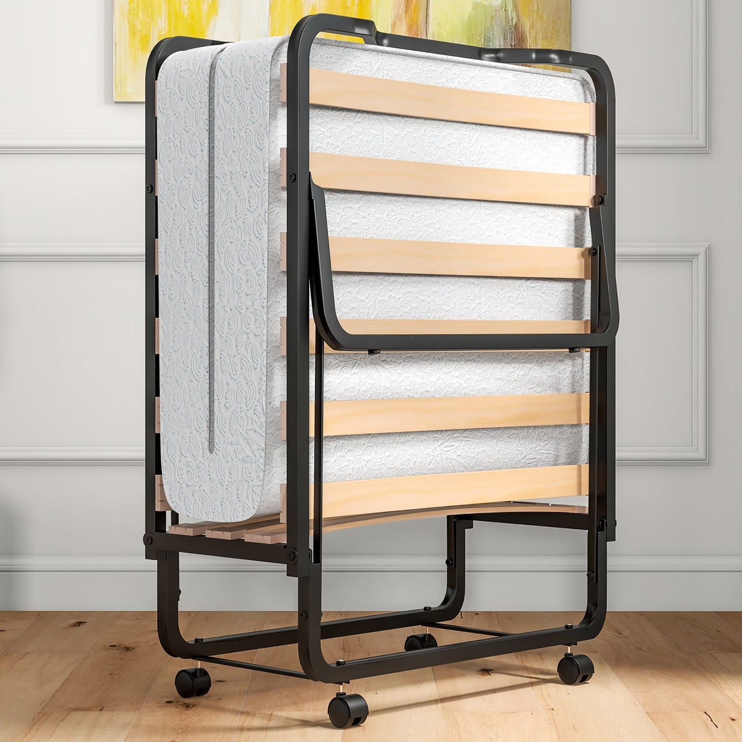 Gymax Portable Foldable Guest Bed w/ Solid Wood Slats Metal Frame Rollaway Bed for Adults w/ Wheel