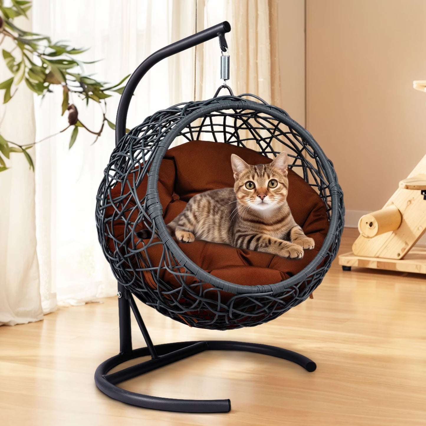 Cat Swing Bed with Stand Cushion, Cat Egg Chair with Rattan Wicker Appearance, Indoor Hanging Swinging Cat Bed(Brown)