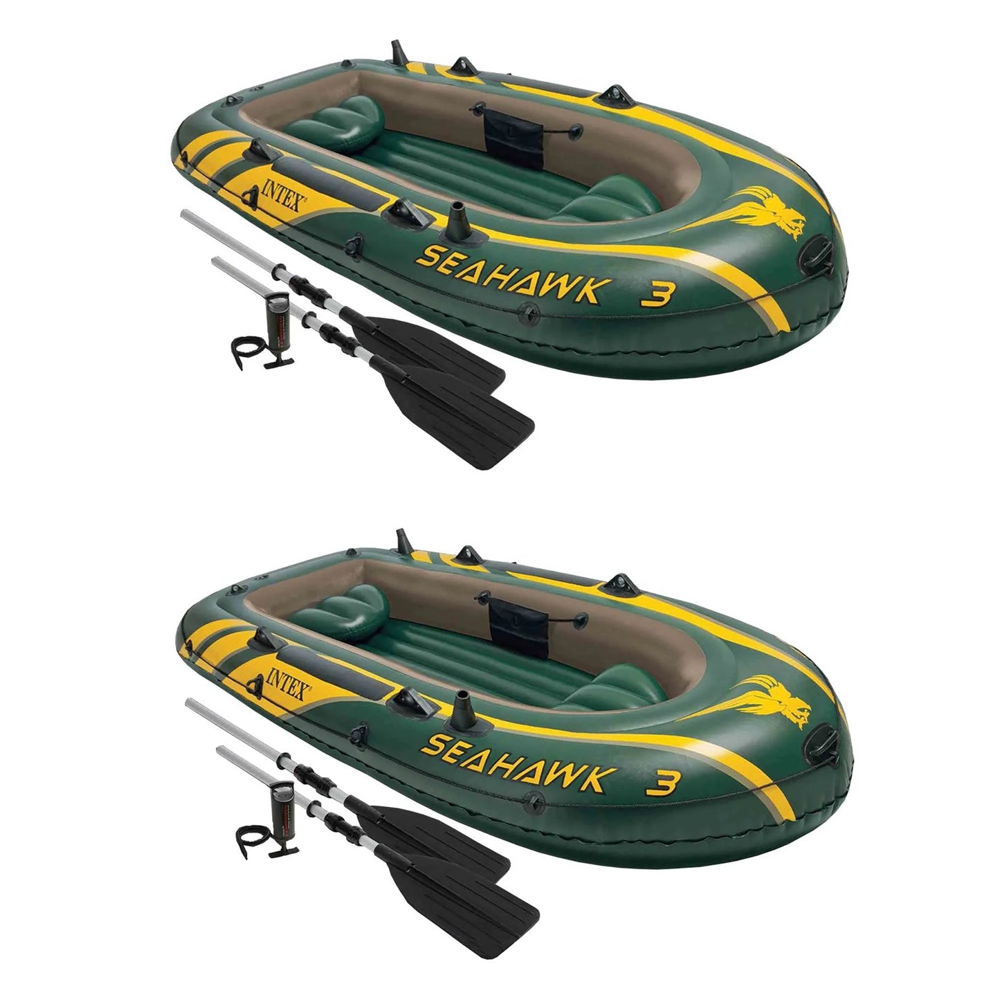 Intex Seahawk 3 Person Inflatable Boat Set with Aluminum Oars Pump (2 Pack)