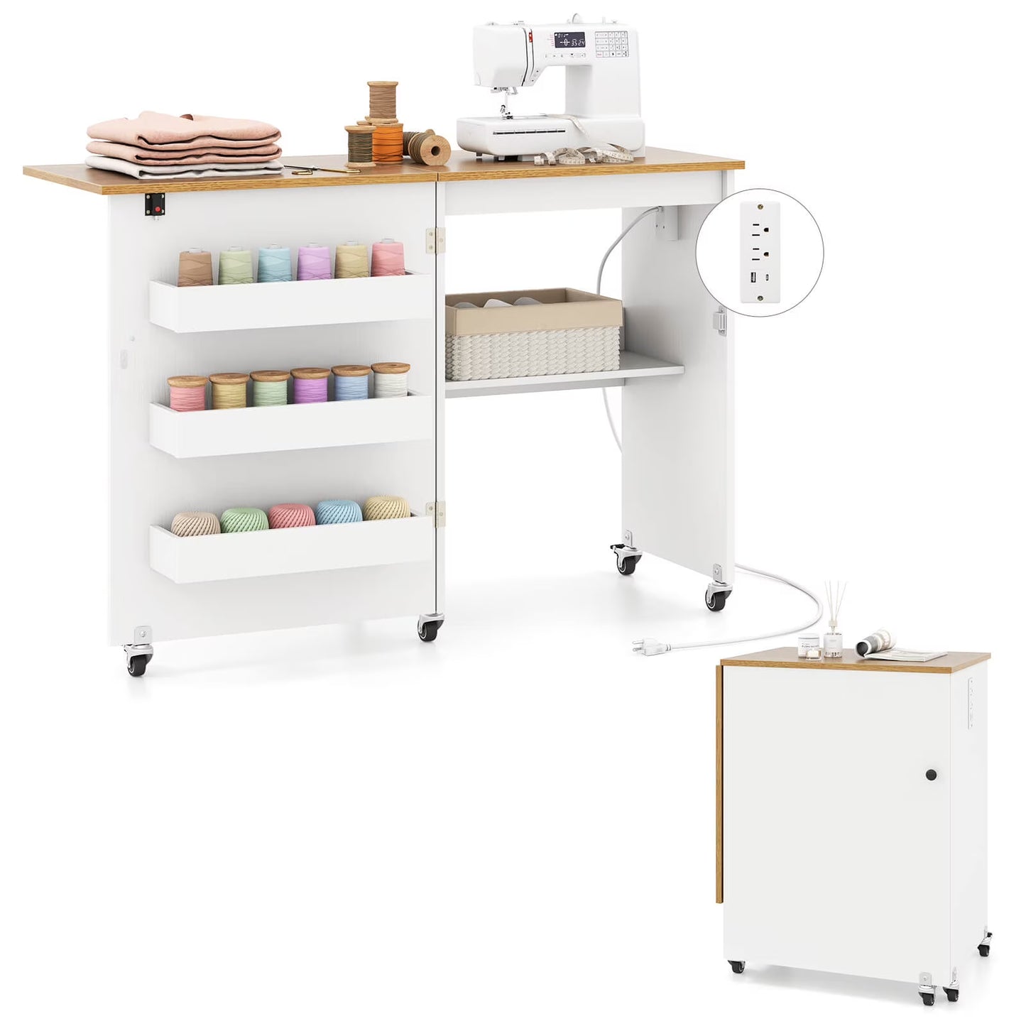 Costway Folding Sewing Table Rolling Craft Station with 3 Storage Bins Charging Station White+natural(White+Natural)