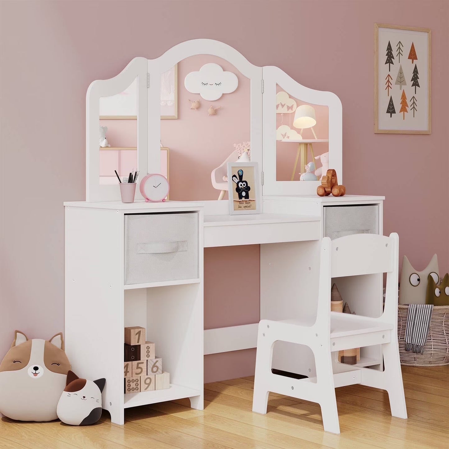 Arlopu Kids Vanity Set with Stool, Wooden Makeup Vanity Desk Children Dressing Table with Chair, Tri-Folding Mirror, Storage Cabinet Drawers(White)