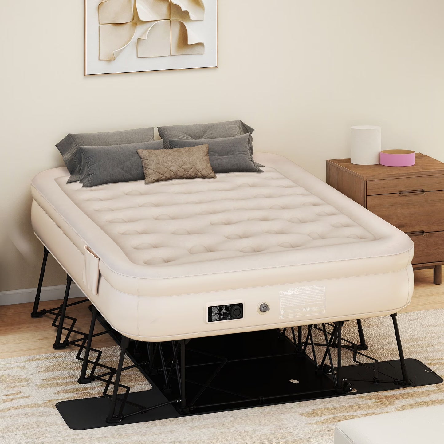 Dextrus Inflatable Queen Air Mattress with Built-in Pump, Frame, Velvet Surface Portable Storage Case, Khaki(Queen/Khaki)