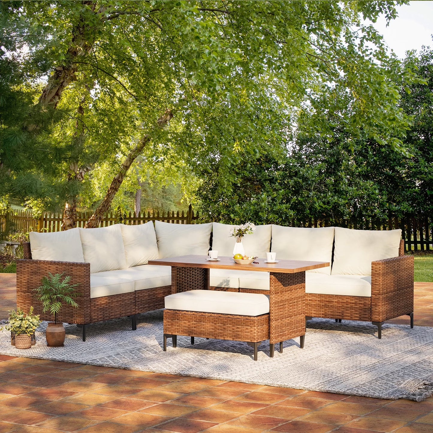 LAUSAINT HOME 8-Piece Patio Furniture Set, Outdoor Wicker Conversation Set with Adjustable Backrest Storage Ottoman, Beige Cushions
