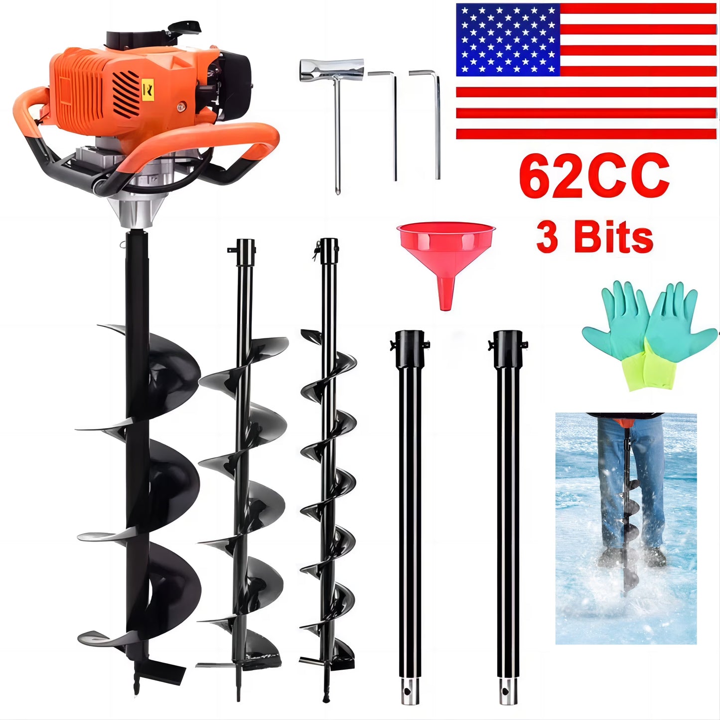 Jacgood 62cc Post Hole Digger 2 Stroke Petrol Gas Powered Earth Digger with 3 Auger Drill Bits (3" 5" 8") + 3 Extension Rods for Farm Garden Plant(62CC)