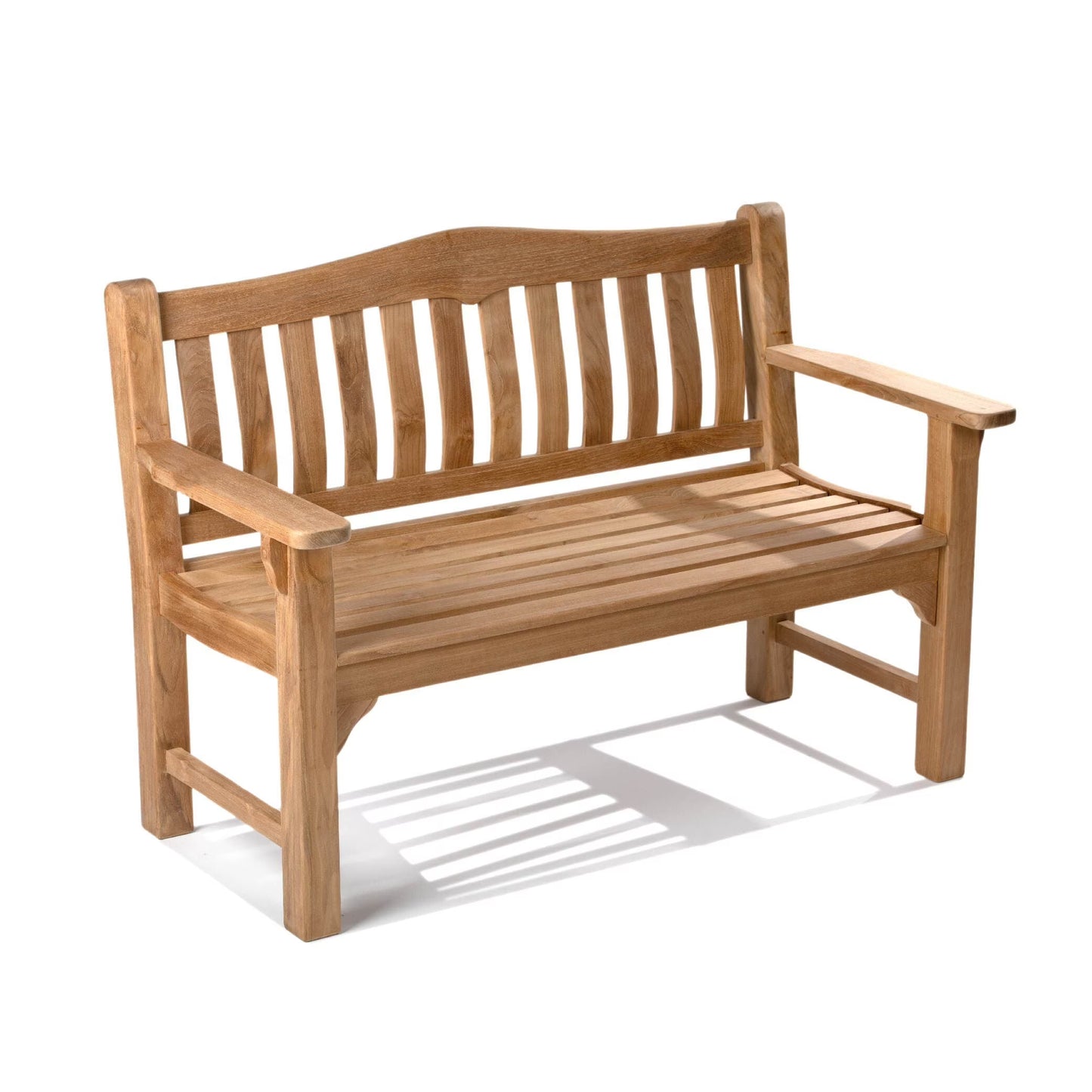 Ash Ember Hawthorne Grade A Teak 53" Bench, Seats 2 People Comfortably, Weather Resistant Indoor Outdoor Solid Wood Patio Furniture with Tightly Spaced Slats, Bowed Back, Armrests(54-in)
