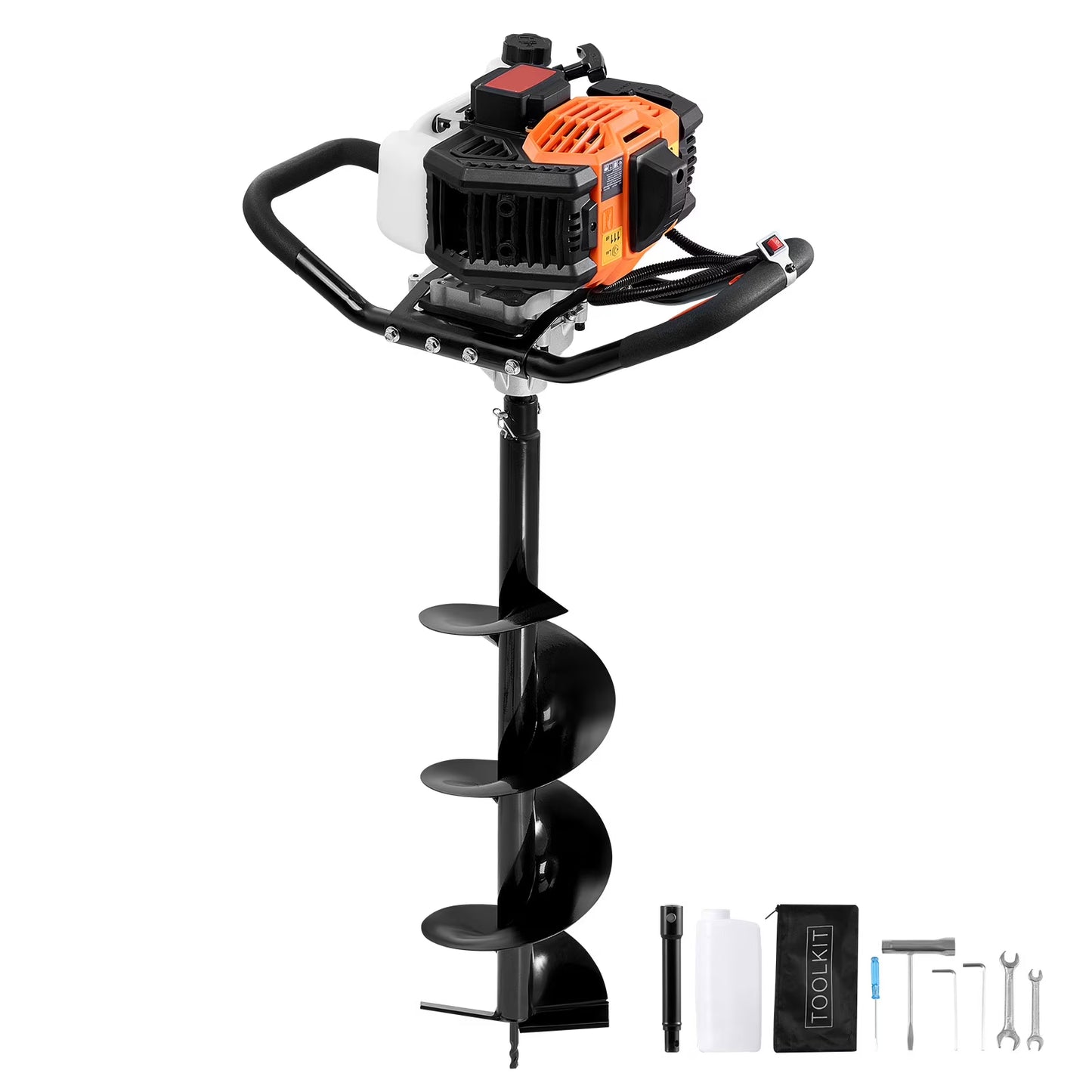 KFFKFF Gas Earth Auger, 52CC 1450W, includes 8�� Drill Bit Extension Rod, Ideal for Garden, Farmland Fence Installation, Orange Black