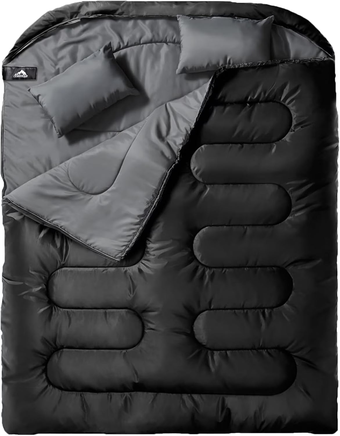 Double Sleeping Bag for Adults Mens with Pillow, XL Queen Size Two Person Sleeping Bag for All Season Camping Hiking Backpacking 2 Person Sleeping Bags for Cold Weather Warm(Dark Gray/Double (90.6in*61in))