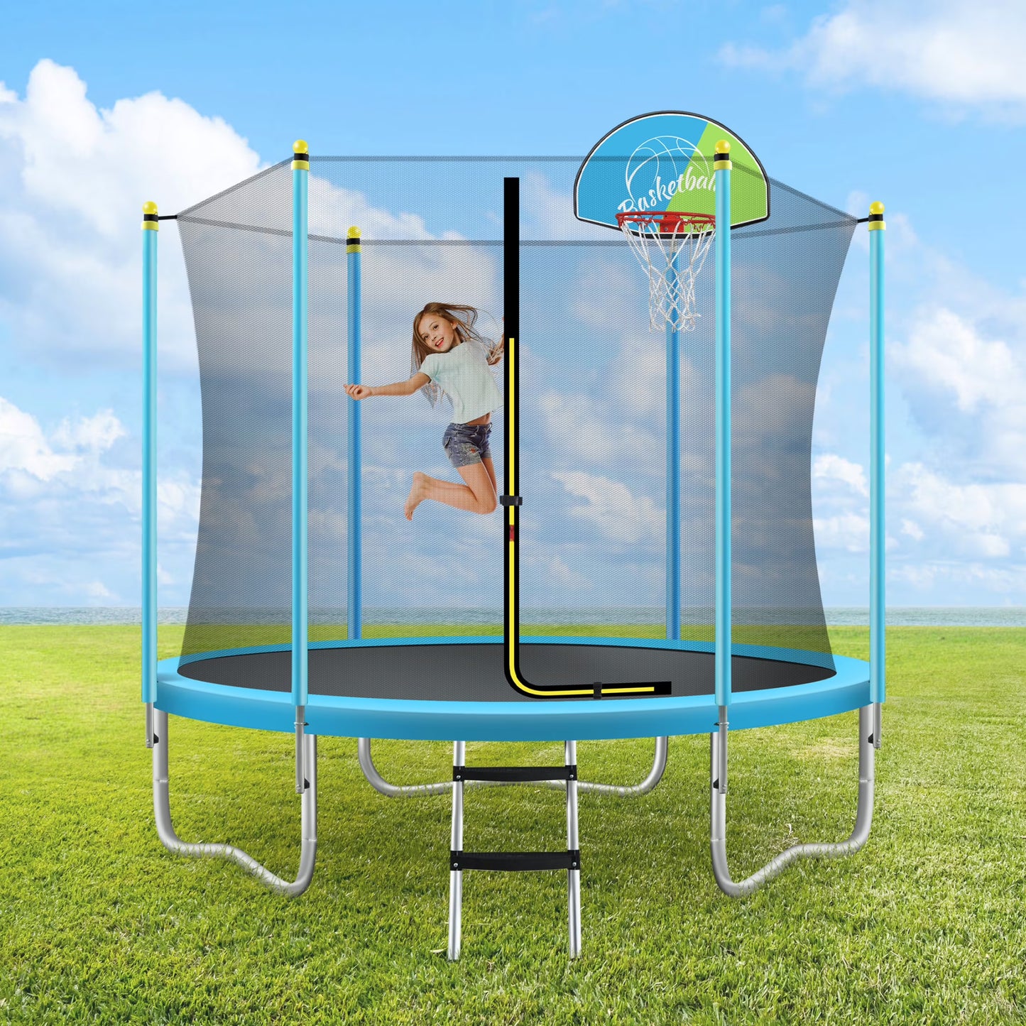 Noble House 8FT Outdoor Trampoline for Kids with Safety Enclosure Net, Basketball Hoop Ladder, Blue(Blue)