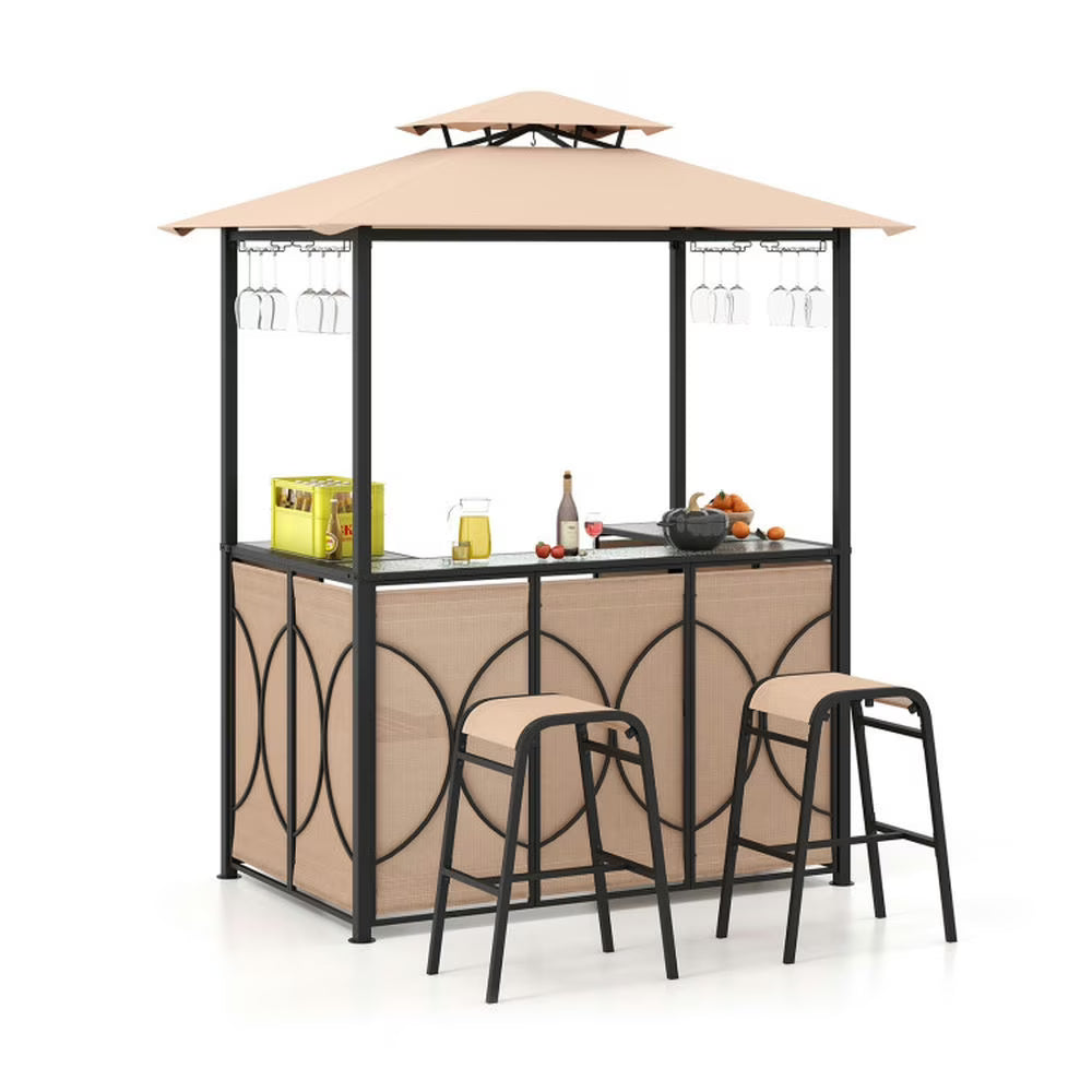 Spaco 3-Piece Patio Bar Set with A Heat-Resistant Tempered Glass Top, Grill Gazebo 2 Bar Stools with Tempered Glass Bar Table, Bar Set for Outdoor, Brown(Brown)