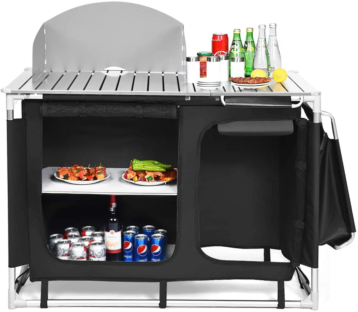 Camping Kitchen Table, Camping Grill Table w/Windscreen  Storage Organizer, Outdoor Kitchen Cook Station with Basin for BBQ, Party, Picnics, Backyards, BBQ Table