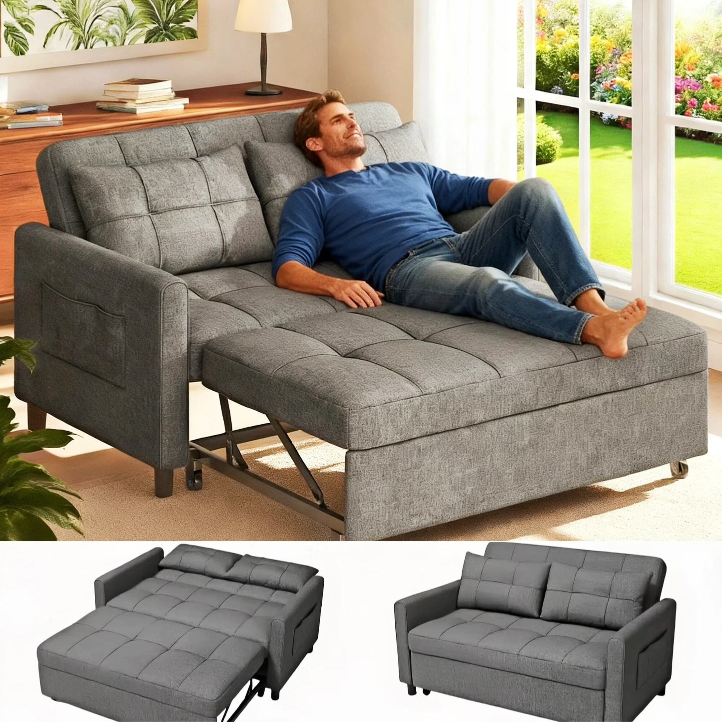 Sofa Bed, Lofka 3-in-1 Convertible Sleeper Sofa with Storage, Adjustable Backrest  Pull Out Function - Sleeper Chair for Small Space, Apartment, Dark Grey(53.2''Sofa Bed - Dark Gray)