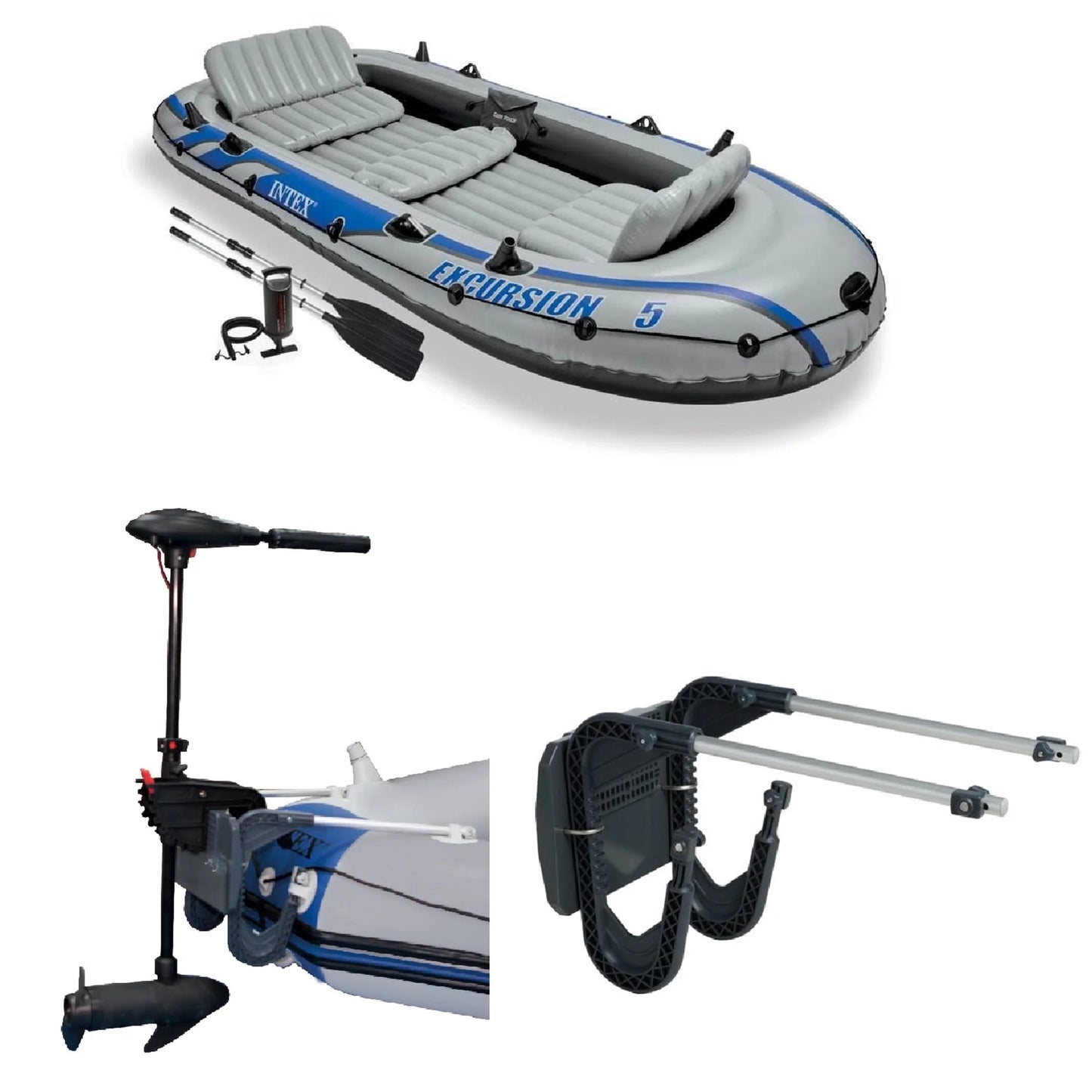 Intex 5 Person Inflatable Boat Set, Trolling Motor,  Boat Motor Mount Kit