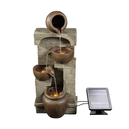 Teamson Home 28.5" Solar Powered 4-Tier Cascading Bowls  Stacked Stones Garden Water Fountain with LED Lights, Brown