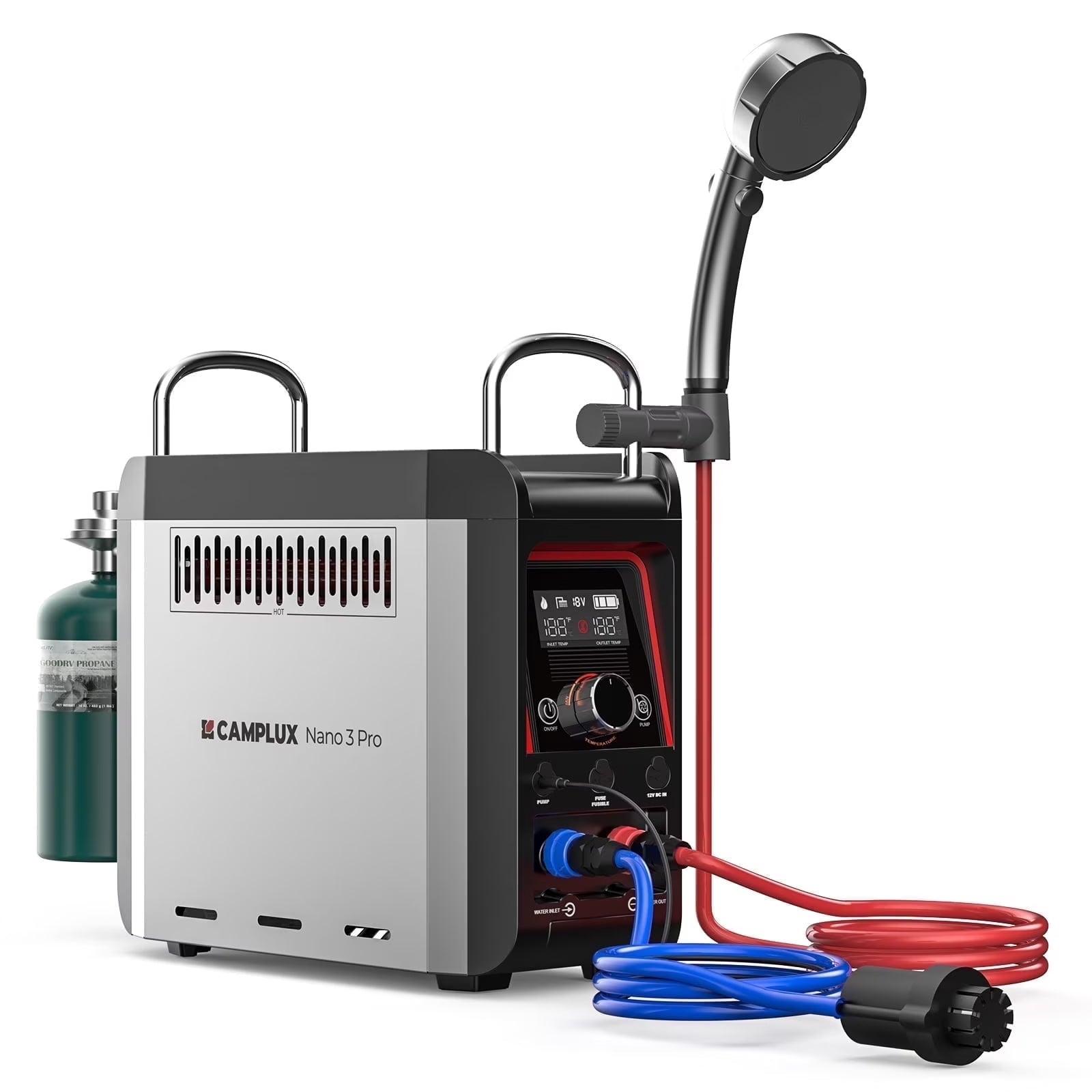 CAMPLUX Nano 3 Pro Portable Propane Water Heater with Battery, Instant Hot Water for Camping and Outdoor Use