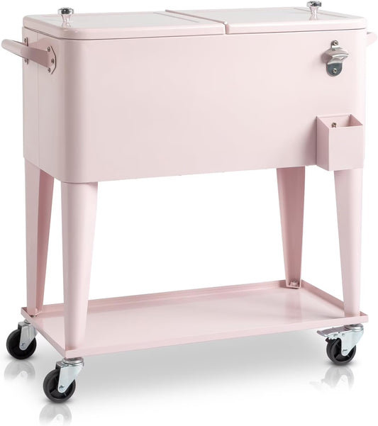 80 Quart Rolling Ice Chest, Portable Bar Drink Cooler with Catch Basin, Bottom Storage Tray and Bottle Opener for Patio Party BBQ Beach Activities(Pink)