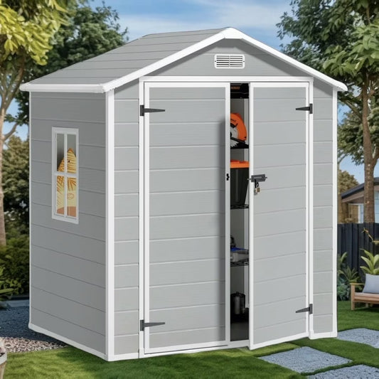 6x4 FT Resin Storage Shed, Lofka Plastic Outdoor Shed  with Heavy Duty Floors, 135.6 cu ft, Colorfast, Side Window, Double Lockable Doors for Garden Backyard(6' x 4')