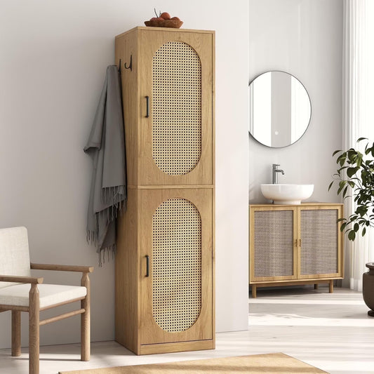 66-Inch Bathroom Storage Cabinet with Rattan Doors,  Bath Room Organizer Floor Cabinets Brown