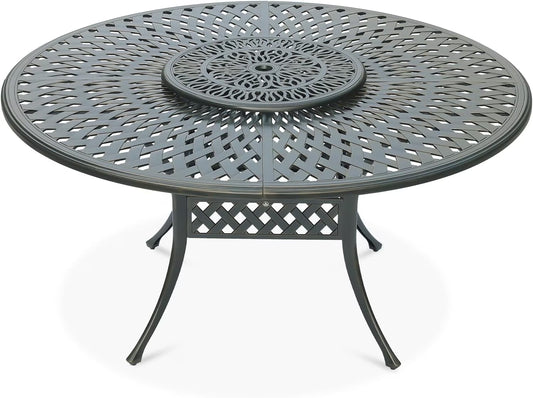 VIVIJASON Outdoor 61" Patio Dining Table for 6-8 Person, Large Patio Round Dining Table with 24" Lazy Susan, Dark Bronze Cast Aluminum Rustic Patio Table W/Umbrella Hole for Balcony, Porch and Deck(24" Lazy Susan (Elizabeth Style))