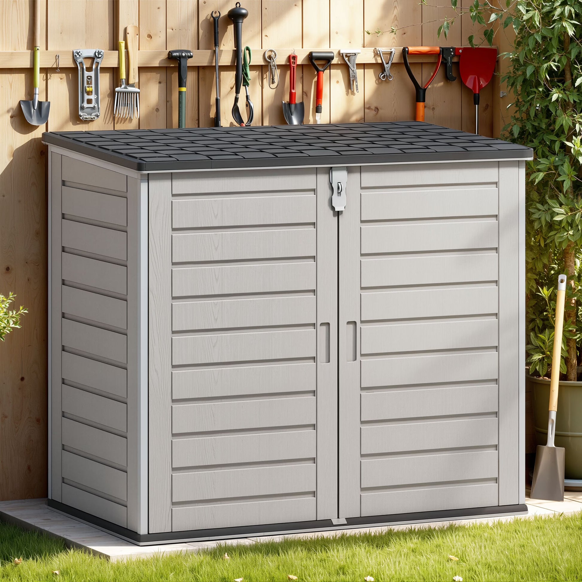 51 Cu Ft Outdoor Storage Shed, Resin Storage Cabinet with Door  Lock, Multi-Purpose Outdoor Shed for Garbage Cans, Garden Tools, Bikes, Easy to Assemble, Gray(Gray)