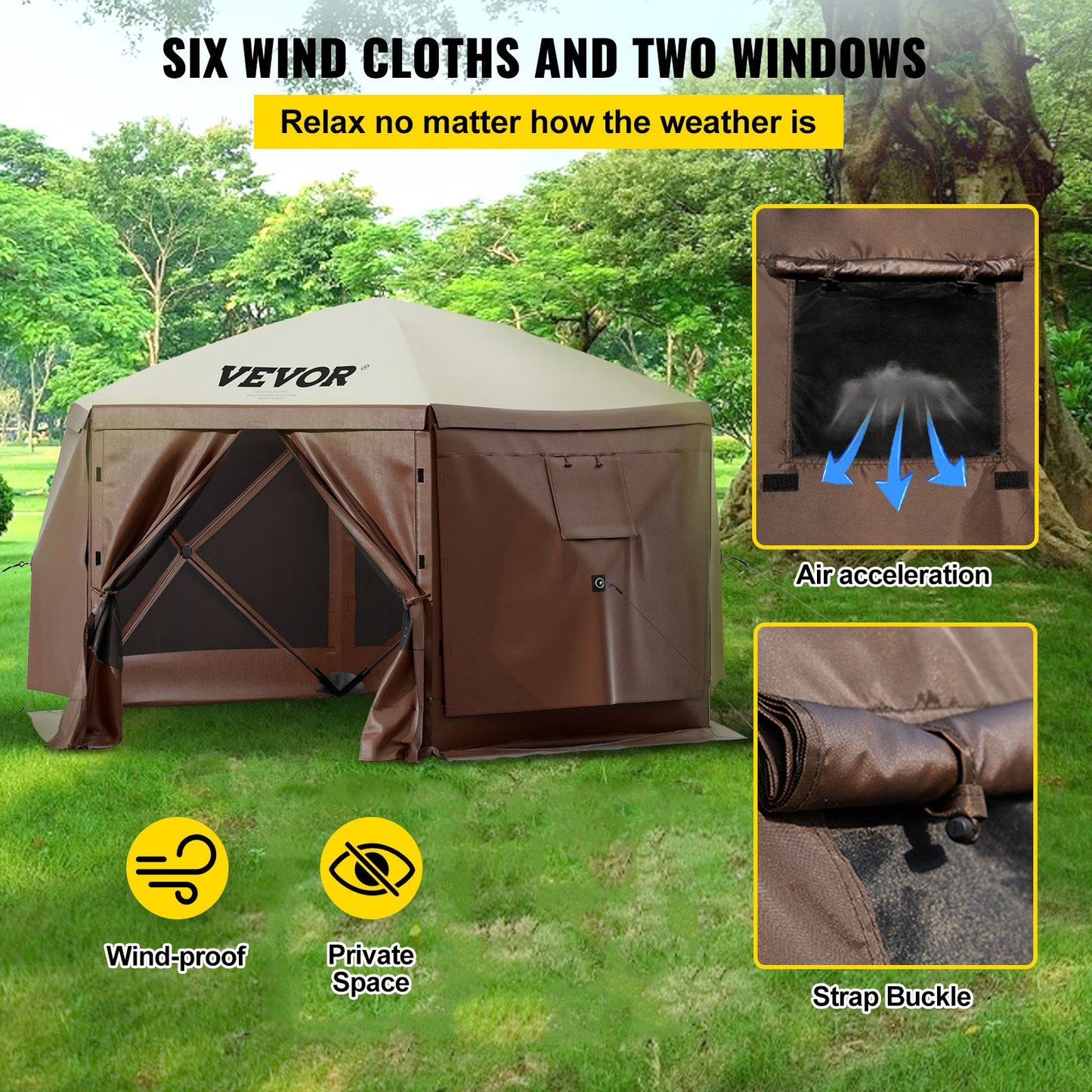Extra Large 12x12ft Pop-Up Screen Tent, Portable Gazebo Canopy with Mesh Sides �?Water-Resistant Shelter for Camping, Beach, Lawn (Brown/Beige, 6-Sided Design)