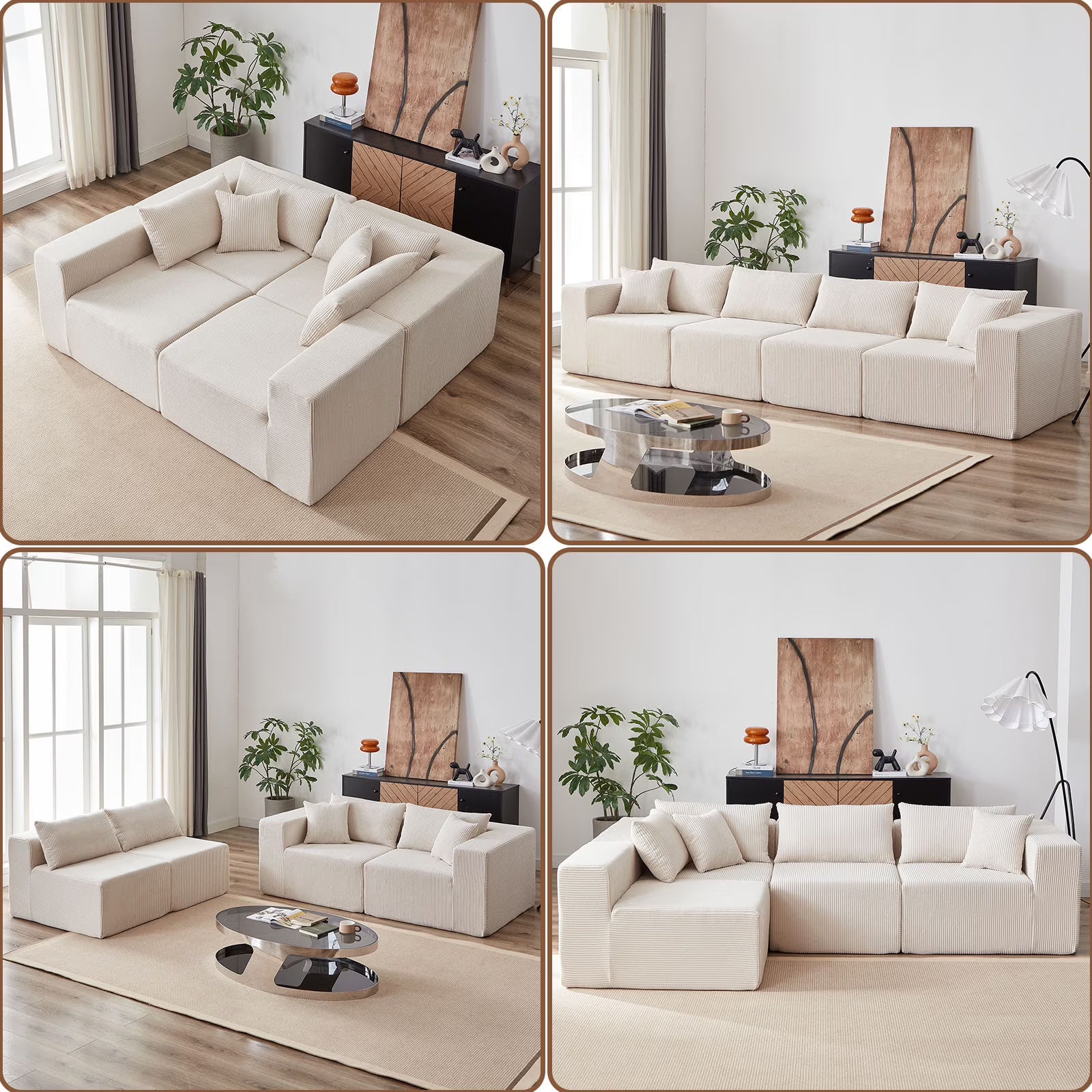 104-Inch Corduroy Modular L Shaped Sectional Sofa,Luxury Floor Couch Set,Upholstered Indoor Furniture,Foam-Filled Compressed Sofa for Living Room,Bedroom,4 PC Free Combination  ?(Beige + Corduroy)