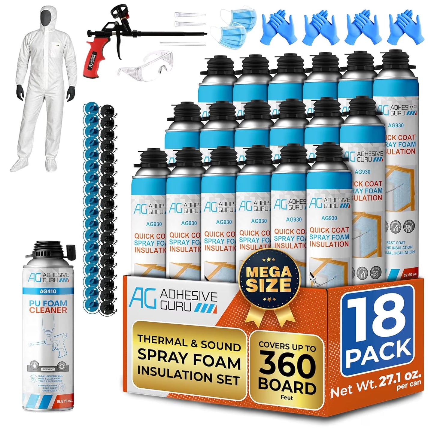 Adhesive Guru Spray Foam Insulation Kit (18 x 32.80 oz/930 gr - 360 Board feet), Self-Expanding Adhesive Foam, Closed Cell Heat Insulation  Acustic Spray with Cleaner and Dispensing Gun- 18 Pack