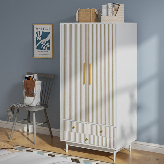 Armoire Wardrobe Closet, Closet Wardrobe Cabinet with Drawers and Hanging Rail for Bedroom, White(White)