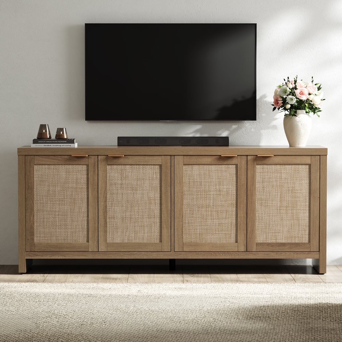 SICOTAS 61.5"W Rattan TV Stand with 4 Doors, Boho Entertainment Center with Adjustable Shelves  Spacious Countertop �C Large Boho Farmhouse Media Console for Living Room, Reclaimed Caramel Oak(Natural Oak/Single)