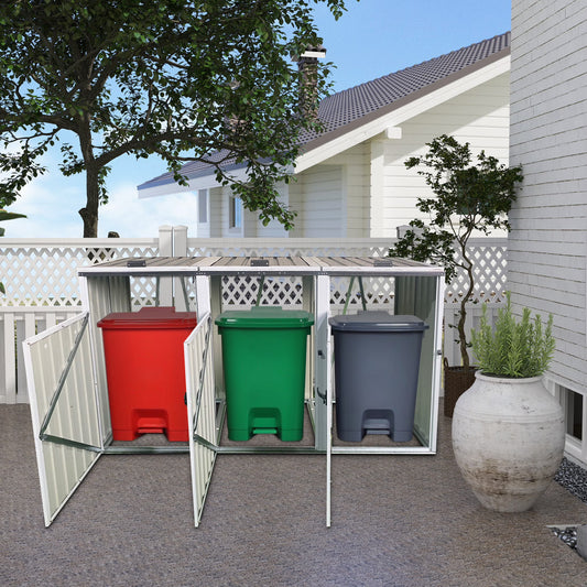Aukfa 7.3' W Outdoor Garbage Bin Storage, Metal Storage Shed for 3 Trash Cans Tools, Waterproof Trash Can Storage(Gray-3)
