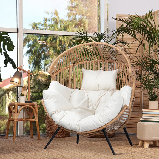 Walsunny Egg Chairs Outdoor Patio Wicker Oversized Egg Shell Lounger Lawn Chair with Cushion for Indoor Outside Porch Balcony Backyard, Original Wood Color Rattan Beige Cushion(Wooden Color Rattan Beige Cushion/No-Rocking)