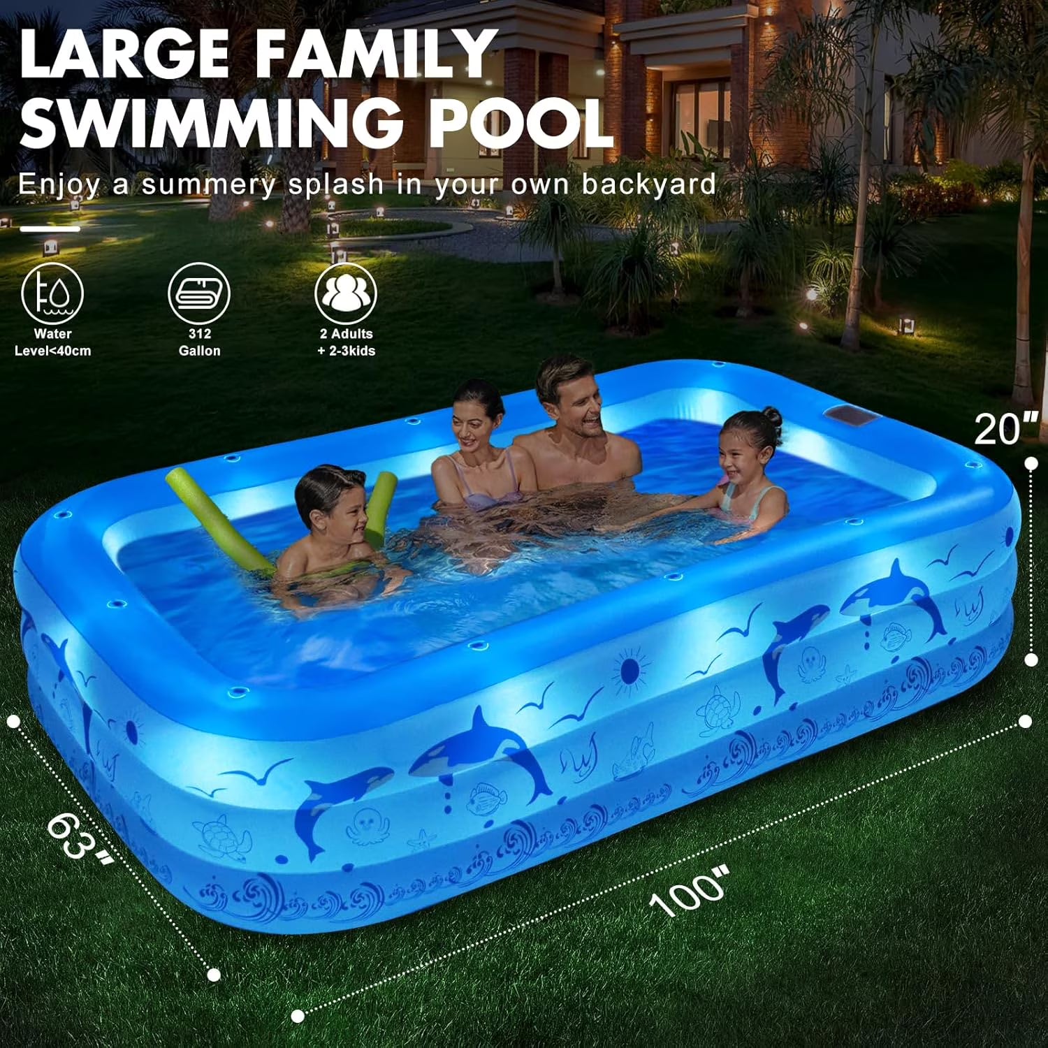 2025 Upgrade Inflatable Pool with Lights,  Powered Family Swimming Pool for Kids  Adults,  Thickened Backyard Pool - Blue(Blue)