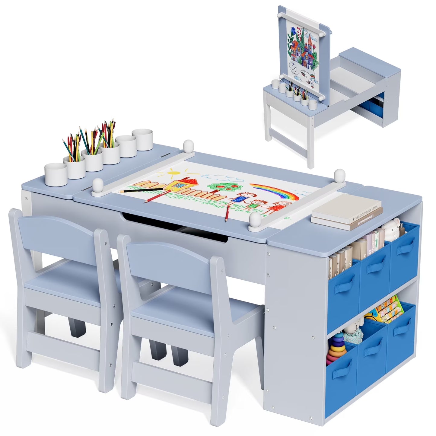 LAZY BUDDY Kids Art Table and 2 Chairs Set, 2 in 1 Easel  Toddler Craft Table and Chairs Set with Storage Bins, Paint Cups and Paper Roll, Activity Table Set for Children 3+(Blue)