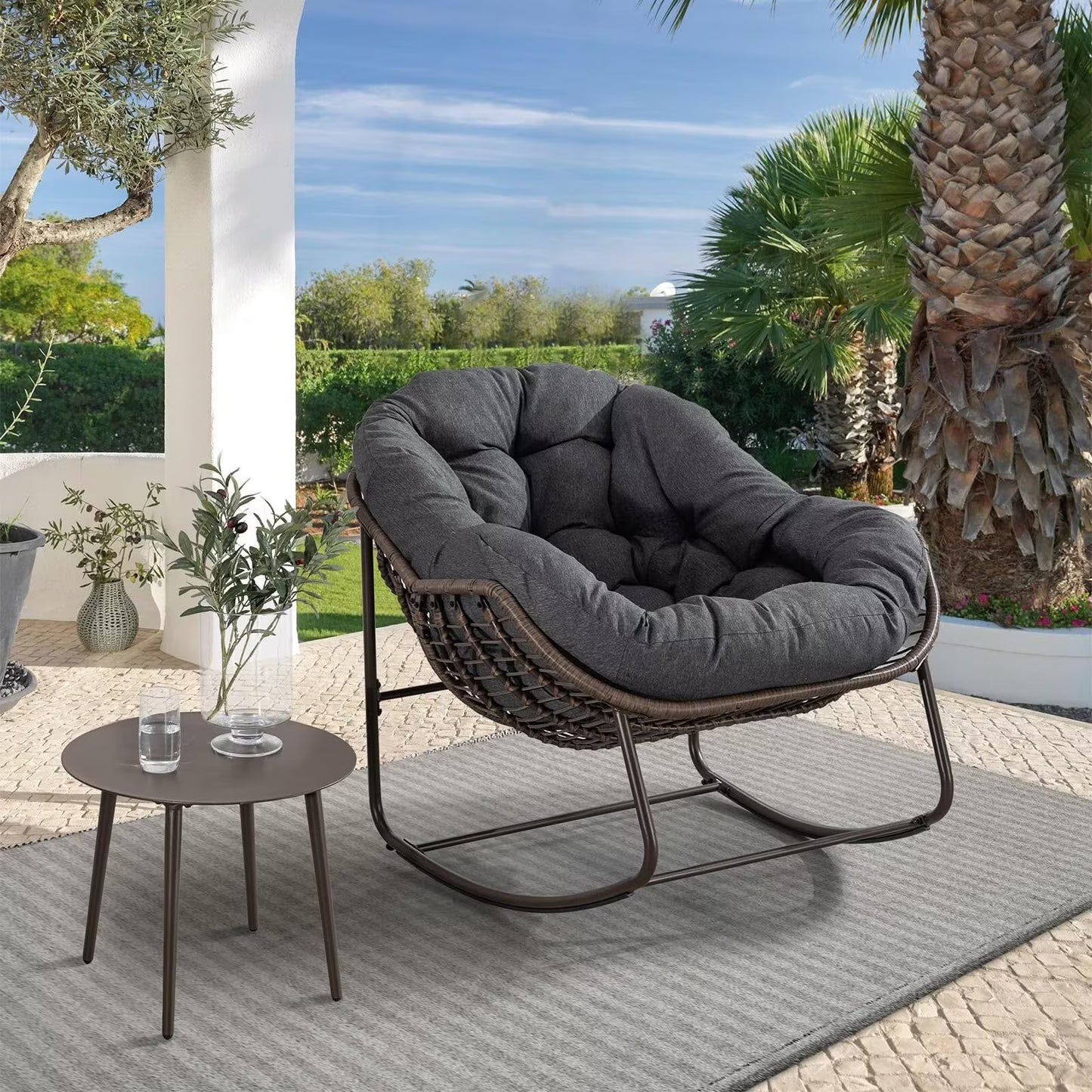 Outdoor Papasan Rocking Chair, Patio Oversized Wicker Egg Rocking Chair, Indoor  Outdoor Comfy Rocker Chair with Thick Cushion, Modern Lounge Chair for Front Porch, Garden, Backyard, Grey(Grey)