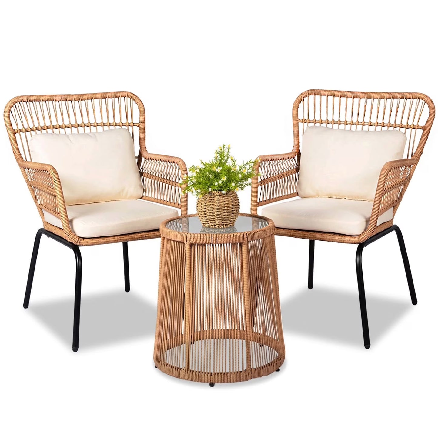 Tappio 3-Piece Patio Conversation Bistro Set Rattan Furniture, Outdoor Patio Set w/Glass Top Table  Cushions for Garden Balcony Backyard Poolside, Yellow/Beige(Yellow/Beige)