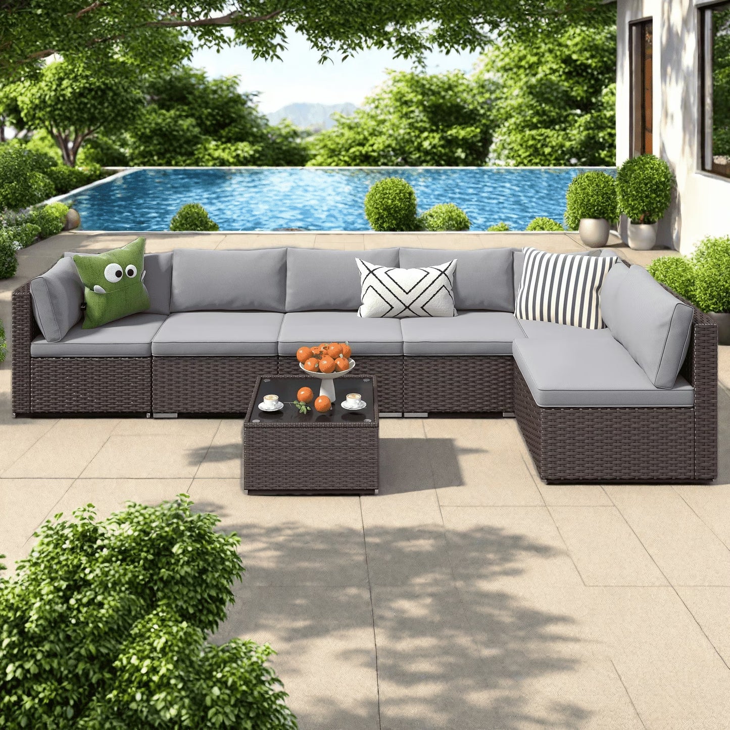 Patio Furniture Set Clearance Lofka Outdoor Sectional Furniture Sofa Set with Tempered Glass Table for Backyard, Garden  Poolside, Gray Cushions(Gray)