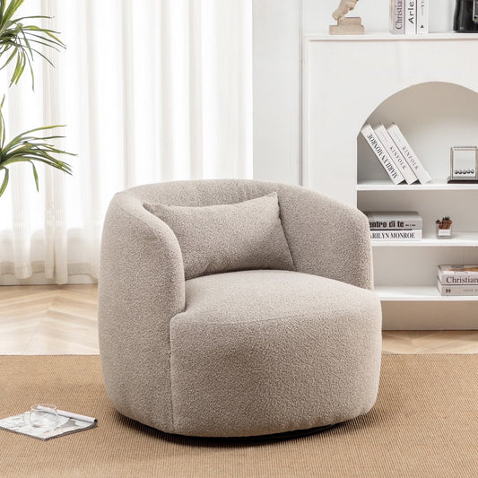 34" Wide Boucle Swivel Barrel Chair, No Assembly Round Upholstered Armchair Accent Chair Single Sofa Chair with Toss Pillow for Living Room and Bedroom, Taupe(Taupe/Single)