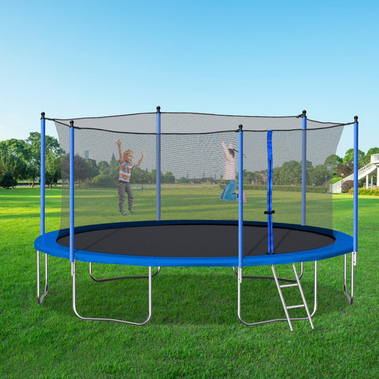 14FT Outdoor Trampoline with Safety Enclosure, Steel Tube Frame, Ladder  Secure Net - Heavy Duty, Blue(Round/14'/Blue)