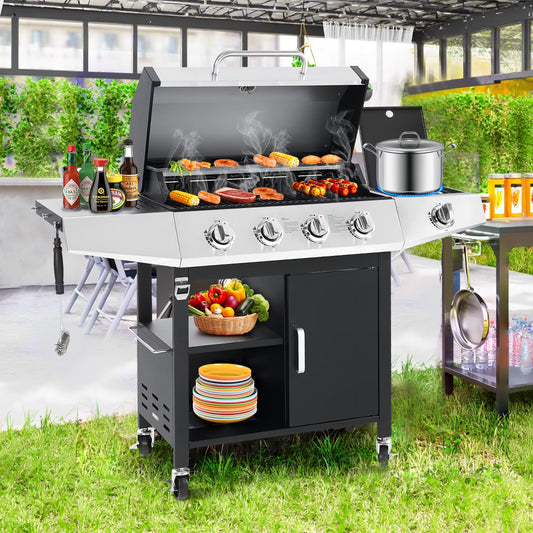 4-Burner BBQ Grill W/Side Burner, 50,000BTU Gas Propane Grill Portable with Storage Cabinet, Heavy-Duty Stainless Steel Outdoor Cooking, with Tank Hook, Towel Rack, Steel Brush(4-Burner w/Side Burner)