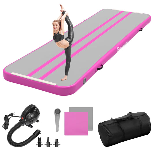 WARMOUNTS Tumbling Mat, 10 ft Inflatable Air Gymnastics Training Mats w/ Electric Pump, 4'' Thick Tumble Track for Home, Gym, Cheerleading, Water, Outdoor(PVC 10FT/Pink)
