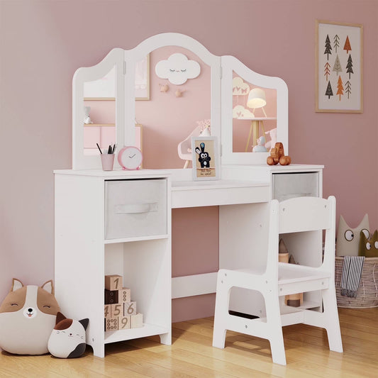 Arlopu Kids Vanity Set with Stool, Wooden Makeup Vanity Desk Children Dressing Table with Chair, Tri-Folding Mirror, Storage Cabinet  Drawers(White)