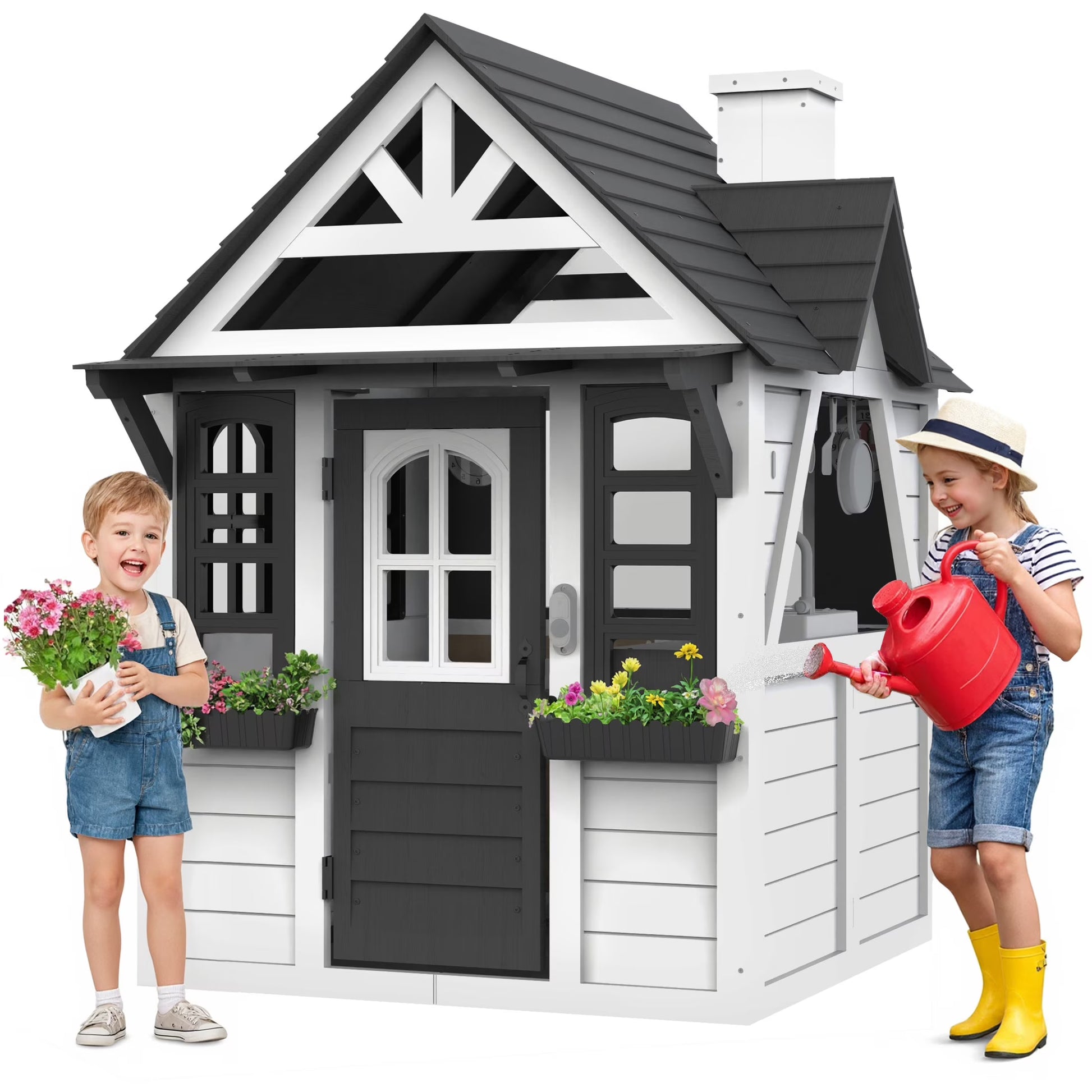 COCLUB Outdoor Playhouse for Kids Ages 4-8, Wooden Play House with Doorbell, Phone, Kitchen Toys, Outdoor Kids Play Equipment, Casa Para Ni?as (45��L x 65��H), White  Black(Black+White)