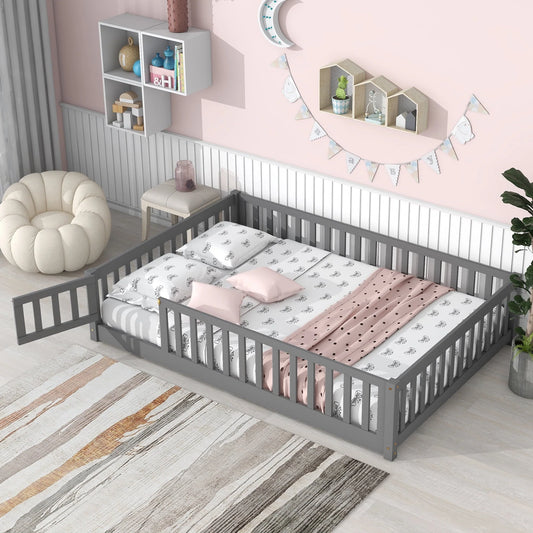 uhomepro Full Size Wood Floor Bed Frame with Fence and Door for Kids, Toddlers, Gray(Twin/Gray)