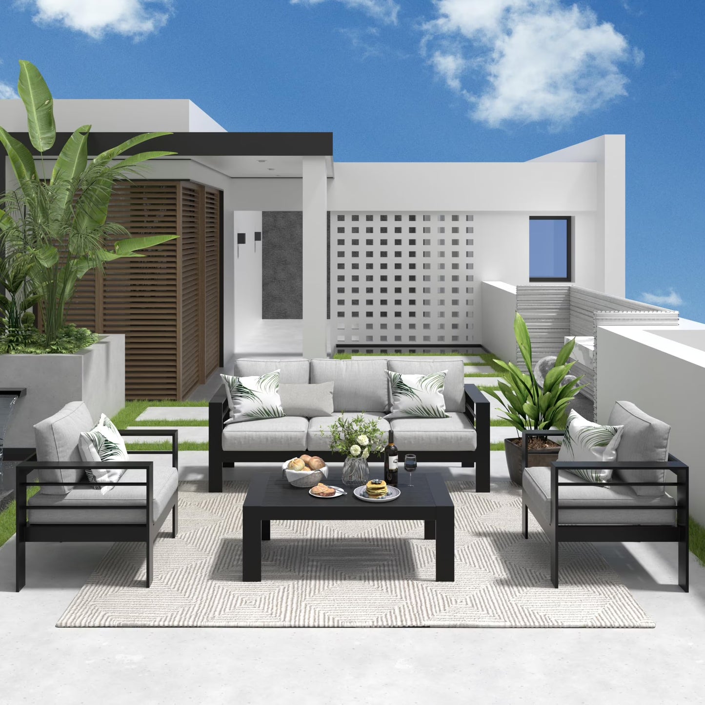 CozyHom 5 Pcs Outdoor Patio Aluminum Furniture Sofa Sets, Outside Patio Conversation Couch Sets With TableCushions for Garden Porch, Gray(5-person sofa set/Black  Light Gray)