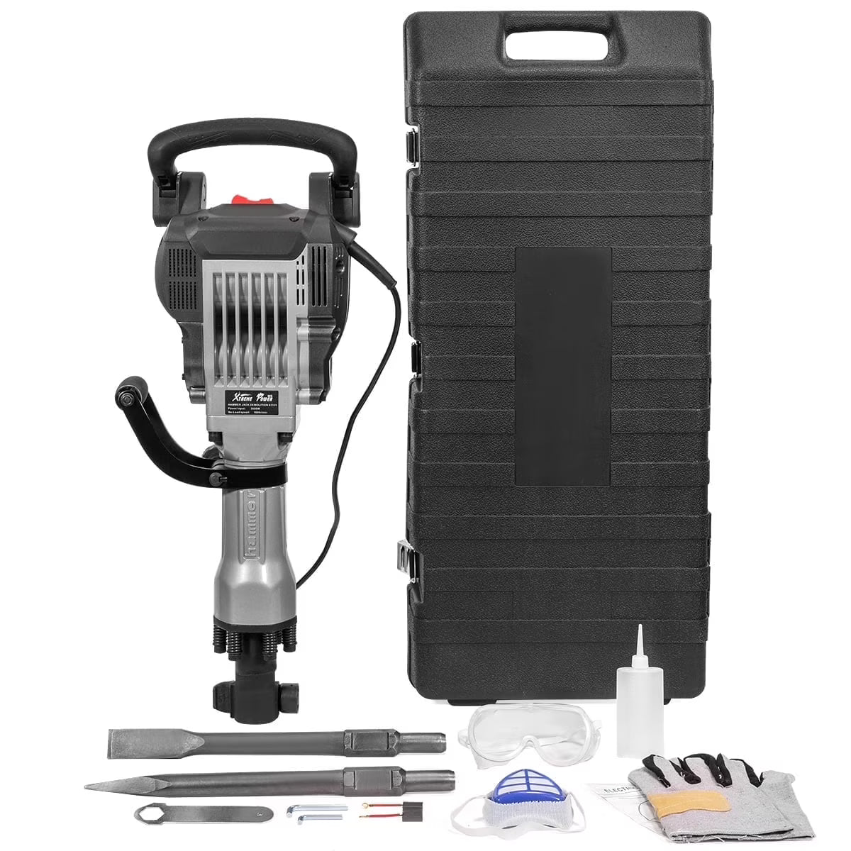 XtremepowerUS Demolition Jack Hammer Heavy Duty, 3600W Electric Jackhammer 1900BPM Power Drill Concrete Breaker Bar Point  Chisel Bits Chisel Set(3600W)