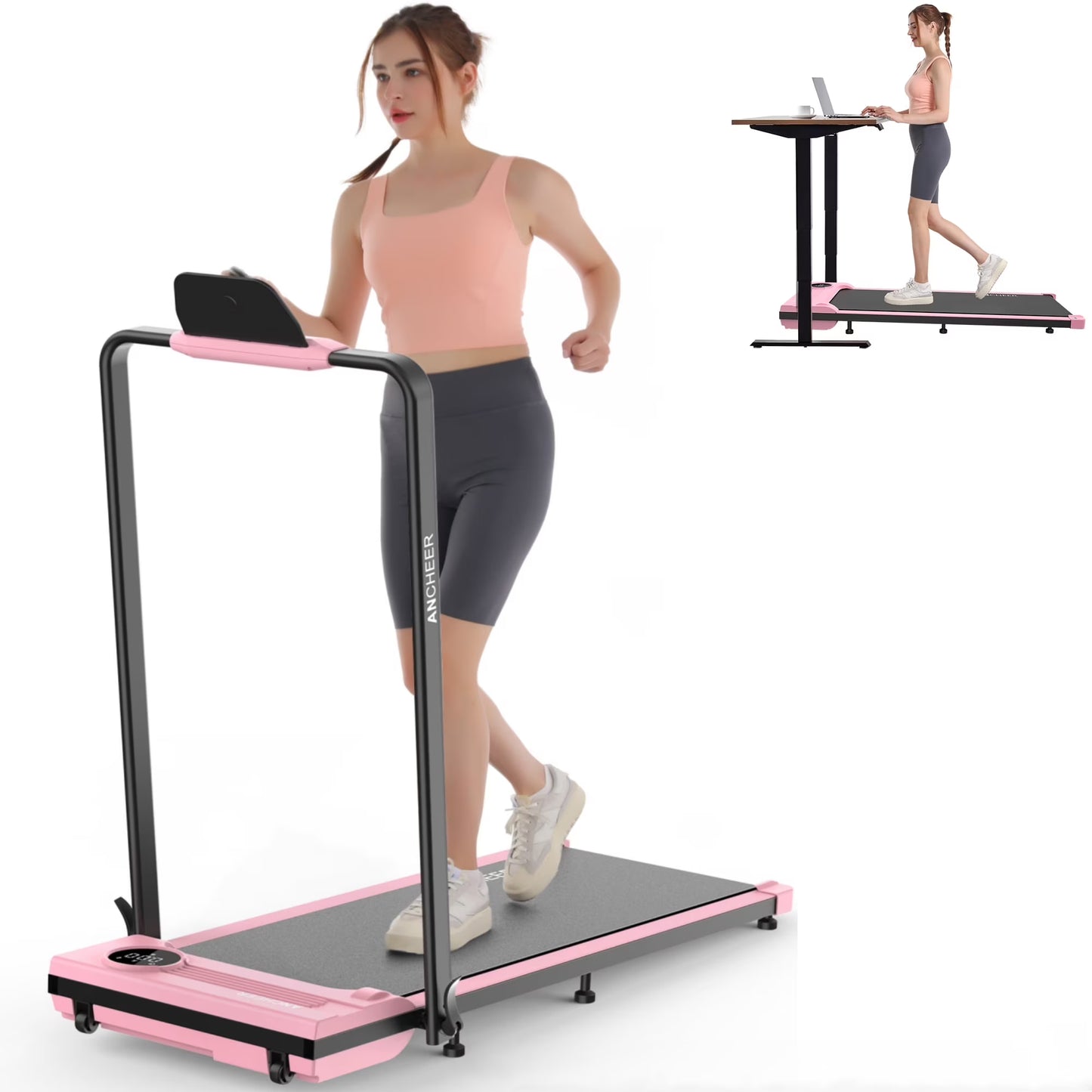 ANCHEER Portable Folding Walking Pad 300lb, 7.5 MPH Under Desk Treadmill with Remote Control  LED Display,2 in 1 Walking Pad Treadmill for Home/Office/Exercise(Pink)(Pink)