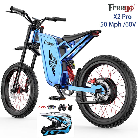50MPH Electric Dirt Bicycle Freego X2 Pro,6000W(Peak)Motor Electric Motorcycle, Electric Bike for Adults, 60V30AH Battery, 19x2 Tire Full Suspension Hydraulic Brake Half Throttle UL2849(Blue 30AH)