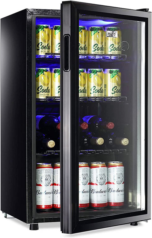 WANAI Compact Beverage Refrigerator, 100 Can Capacity, Glass Door, Black Stainless Steel(3.2 cu ft)
