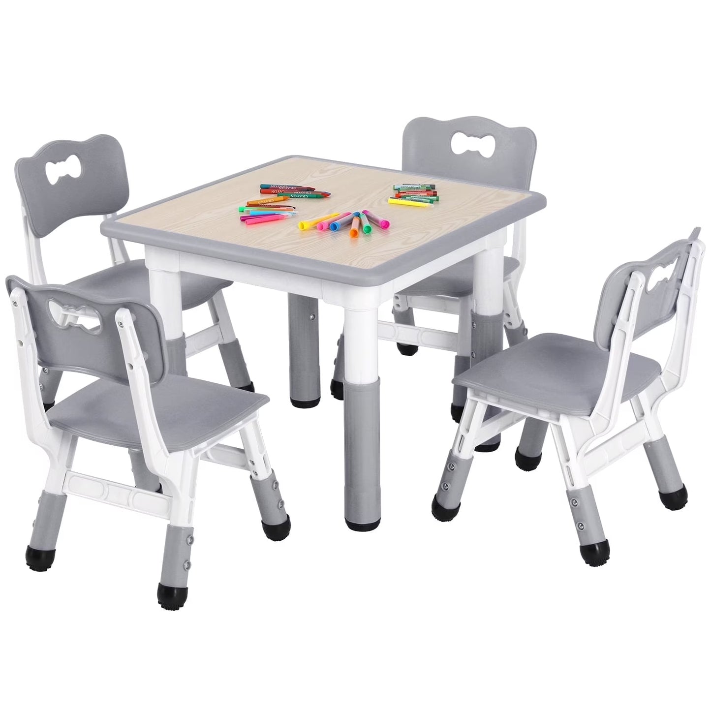 Arlopu 5 Pcs Kids Table and Chairs Set, Height Adjustable, Toddlers Activity Table  4 Chairs Set for Study, Grey